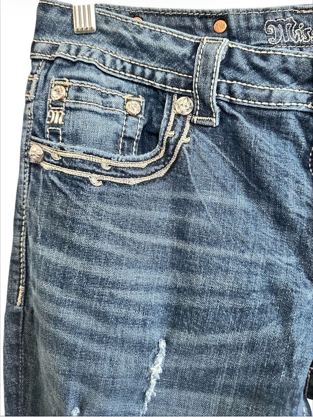 Miss Me JW539B4 Embellished Pockets Distressed Boot Cut Jeans Size 31 X 29 - Picture 4 of 11